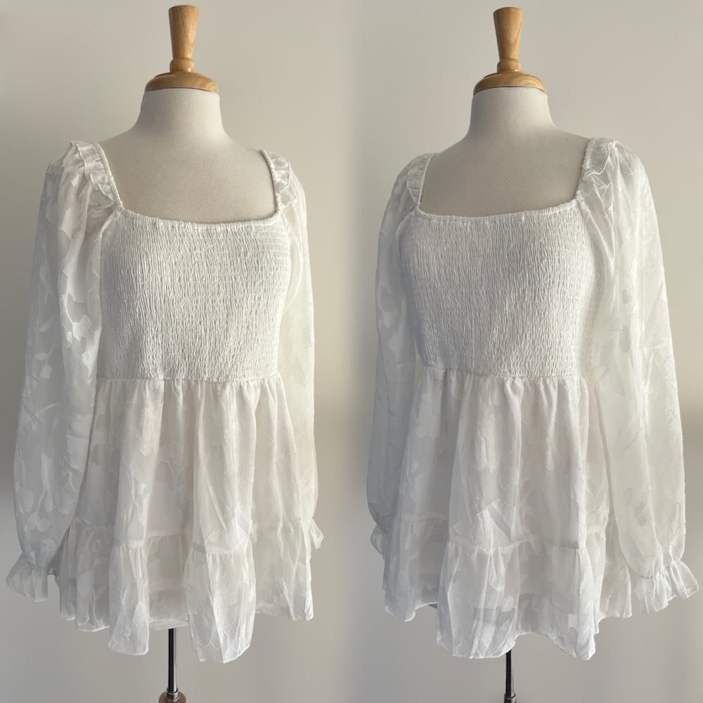 Baltic Born White Smocked Mini Babydoll Dress Size L Lined Sheer Long Sleeves